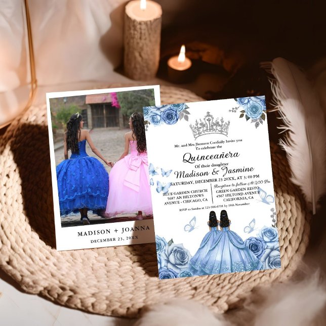 Invitation Bleu Dusty Papillon Floral Twin Quinceanera (Créateur téléchargé)