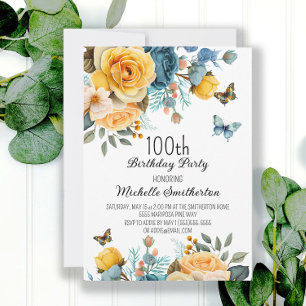 Invitation Bleu Dusty Papillons Floraux Jaunes Anniversaire