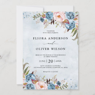 Invitation Bleu Dusty Peach Blush Botanical Floral Mariage
