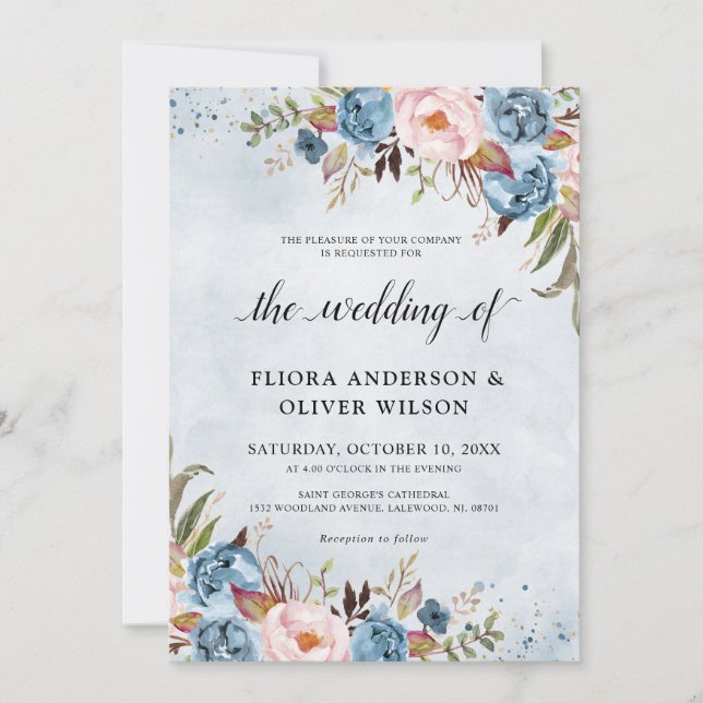 Invitation Bleu Dusty Pêche Blush Botanique Floral Mariage Da (Devant)