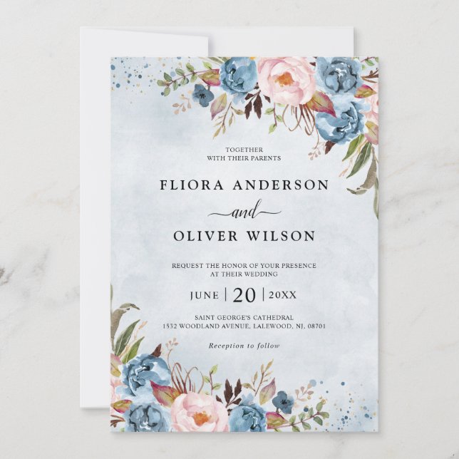 Invitation Bleu Dusty Pêche Blush Botanique Floral Mariage Da (Devant)