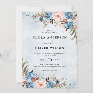 Invitation Bleu Dusty Pêche Blush Botanique Floral Mariage Da
