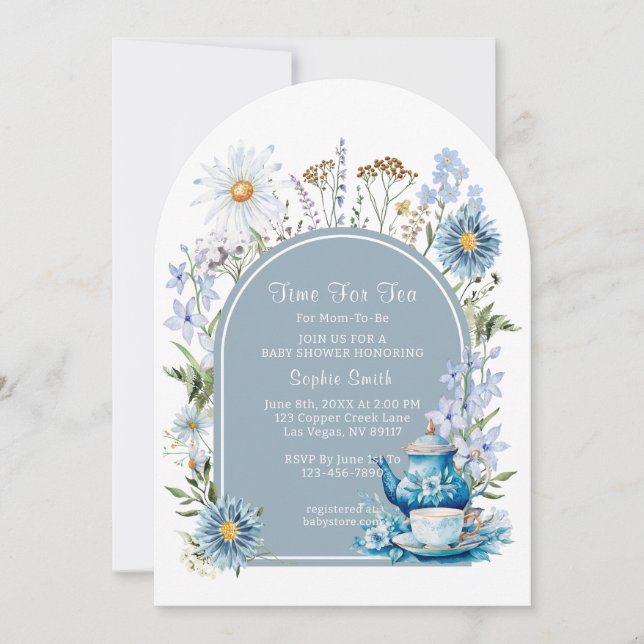 Invitation Bleu Dusty Pour Le Baby shower De Jardin Tea Boho (Devant)