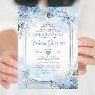 Invitation Bleu Dusty Quinceañera Papillon de la Couronne d'a