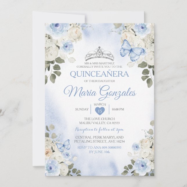 Invitation Bleu Dusty Quinceañera Papillon de la Couronne d'a (Devant)