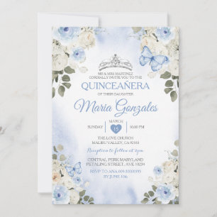 Invitation Bleu Dusty Quinceañera Papillon de la Couronne d'a