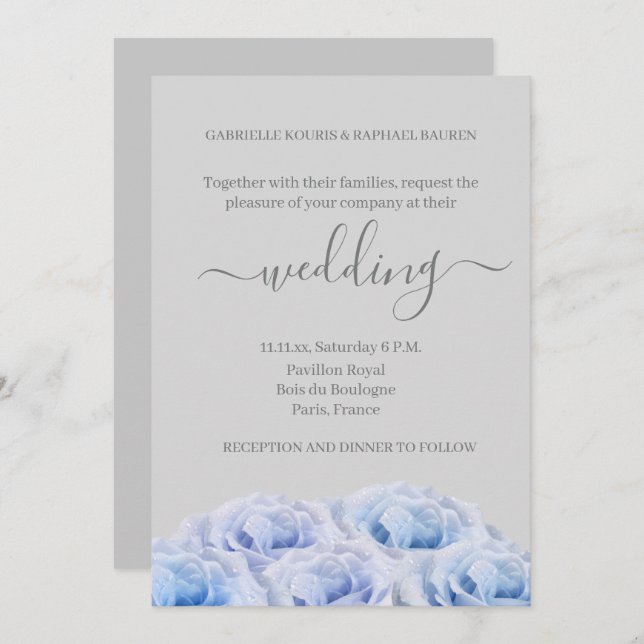 Invitation Bleu Dusty Roses gris clair Élégant Mariage floral (Devant / Derrière)