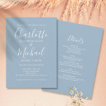 Invitation Bleu Dusty Simple Tout En Un Mariage De Script Chi<br><div class="desc">Avec des noms de style signature,  cette élégante faire-part de mariage bleue poussiéreuse peut être personnalisée avec toutes vos informations spéciales sur le jour de mariage au verso,  y compris votre RSVP,  l'hébergement et des détails supplémentaires. Conçu par Thisisnotme©</div>