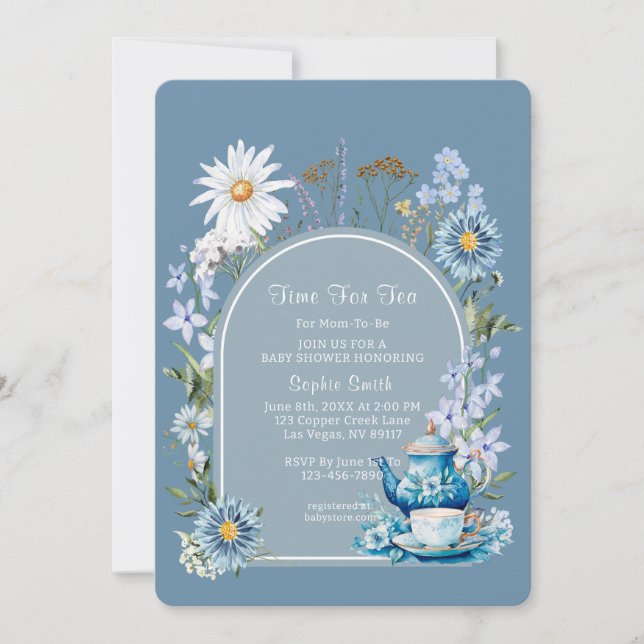 Invitation Bleu Dusty Temps Pour Baby shower De Thé (Devant)