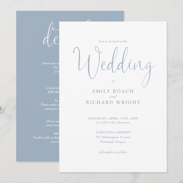 Invitation Bleu Dusty Tout en un élégant Mariage Script (Devant / Derrière)