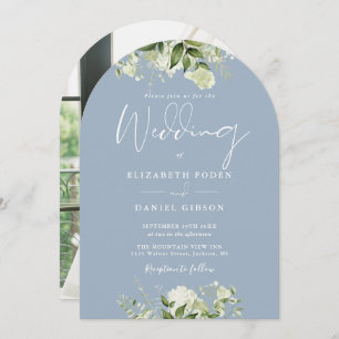 Invitation Bleu Dusty Vert Floral Photo Mariage Arc