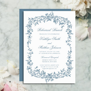 Invitation Bleu Dusty Vintage Floral Script de répétition Bru