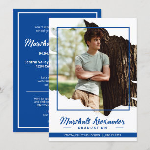 Invitation Bleu Edgy Abstrait Torn Photo Graduation