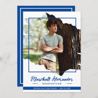 Invitation Bleu Edgy Abstrait Torn Photo Graduation