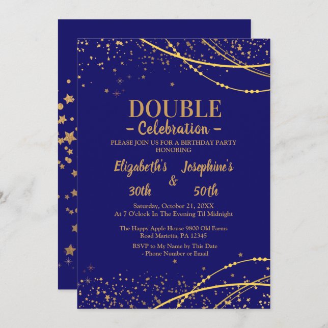 Invitation Bleu élégant avec étoiles or double joint annivers (Devant / Derrière)