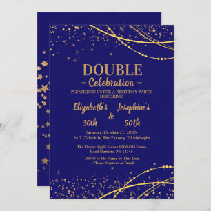 Invitation Bleu élégant avec étoiles or double joint annivers