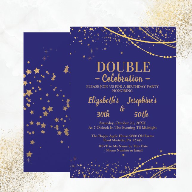 Invitation Bleu élégant avec étoiles or double joint annivers (Créateur téléchargé)