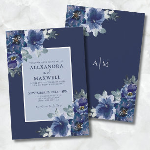 Invitation Bleu Elegant Botanique Aquarelle Mariage Floral