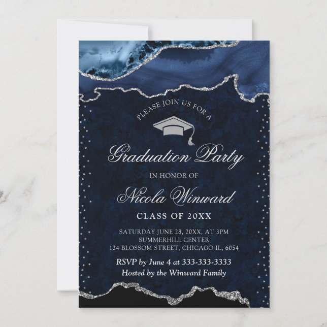Invitation Bleu Élégant et Marbre d'Agate Argenté de Remise d (Devant)