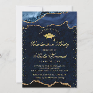 Invitation Bleu élégant et marbre d'agate doré pour la remise