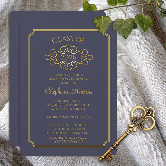 Invitation Bleu élégant | Fête de remise des diplômes de l'un (Elegant Blue and Gold Tone College Graduation Party Invitation - Print | Digital)