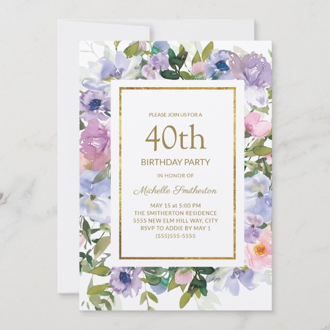 Invitation Bleu élégant Fleur violet Or 40e Anniversaire (Devant)