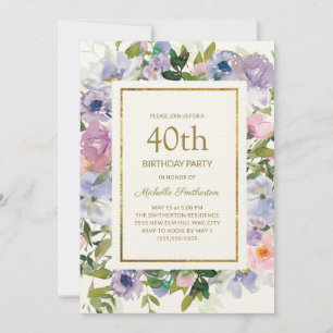 Invitation Bleu élégant Fleur violet Or 40e Anniversaire
