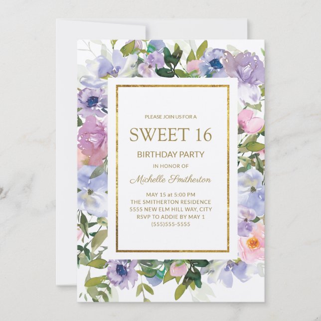 Invitation Bleu élégant Fleur violet Or Douce 16e Anniversair (Devant)