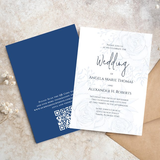 Invitation Bleu élégant Floral Simple Bleu classique | Code Q (Wedding invitation with elegant floral design with a modern QR code.)