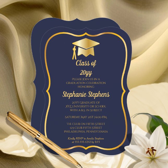 Invitation Bleu élégant | Gold Casquette Graduation Party (Elegant Blue Gold Tone Grad Cap Bracket-Style Frame Graduation Party Invitation)