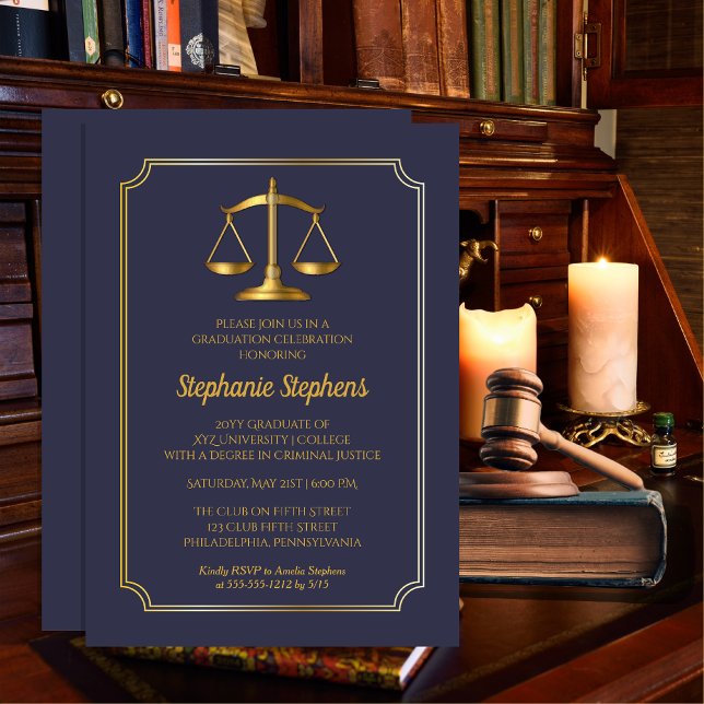 Invitation Bleu élégant | Gold Law Attorney Graduation Party (Elegant Blue and Gold Tone Legal Law Lawyer | Attorney Graduation Party Invitation Print | Download)