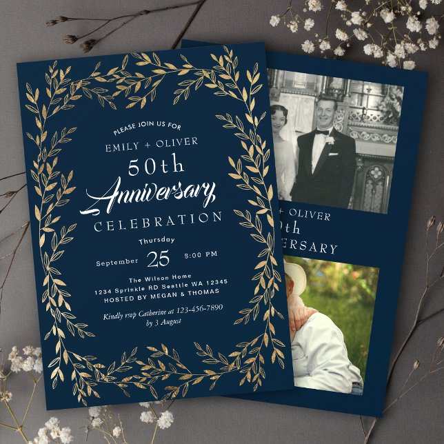 Invitation Bleu Elegant Gold Leaf Anniversaire Photo (Créateur téléchargé)