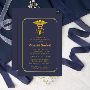 Invitation Bleu élégant   Gold MD Physician Graduation Party