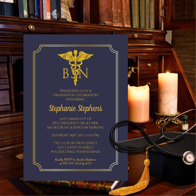 Invitation Bleu élégant | Gold Nurse BSN Graduation Party (Elegant Blue and Gold Tone Nurse BSN Graduation Party Invitation -- Print | Digital Download)