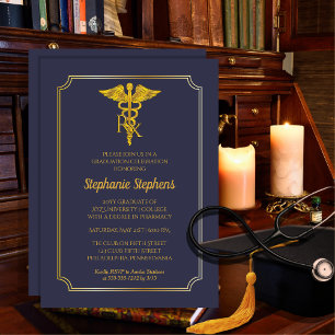 Invitation Bleu élégant   Gold Rx Pharmacy Graduation Party