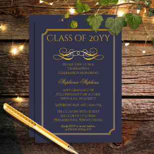 Invitation Bleu élégant Gold University Graduation Party