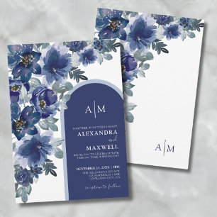 Invitation Bleu Élégant Moderne Fleurs Aquarelle Mariage