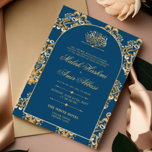Invitation Bleu Elegant Motif Or musulman musulman Mariage