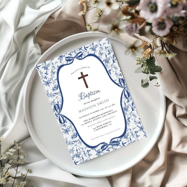 Invitation Bleu élégant Toile de jouy baptême (Créateur téléchargé)