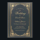 Invitation Bleu Elégant Vintage Or Calligraphie Mariage<br><div class="desc">Cette élégante invitation de mariage à l'atmosphère vintage, recommandée pour un mariage plus formel "black tie", comporte un cadre doré vintage avec des décorations baroques dorées élégantes sur un fond simili-cuir bleu foncé. Les noms de la mariée et du marié ainsi que le mot Mariage sont écrits dans une police...</div>
