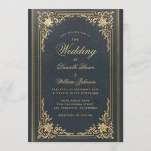 Invitation Bleu Elégant Vintage Or Calligraphie Mariage