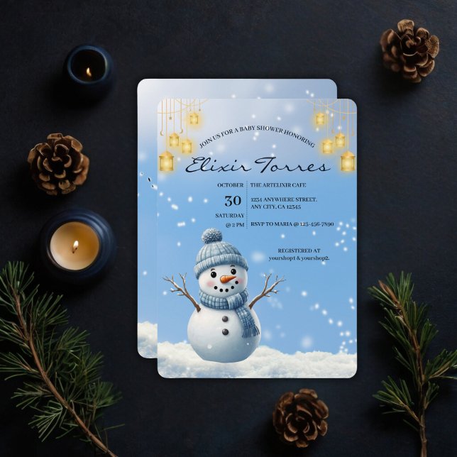 Invitation Bleu Elegant Whimsical Winter Snowman Baby shower (Créateur téléchargé)