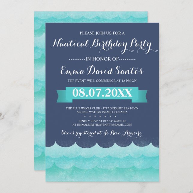 Invitation Bleu en mer Fête d'anniversaire nautique (Devant / Derrière)