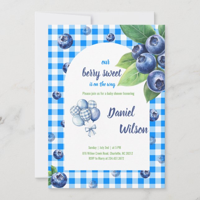 Invitation Bleu En vichy Charmante Berry Feuilles verts (Devant)