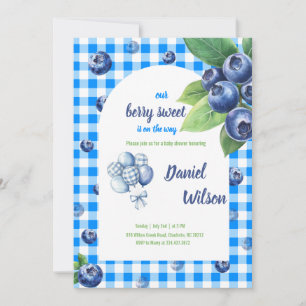 Invitation Bleu En vichy Charmante Berry Feuilles verts