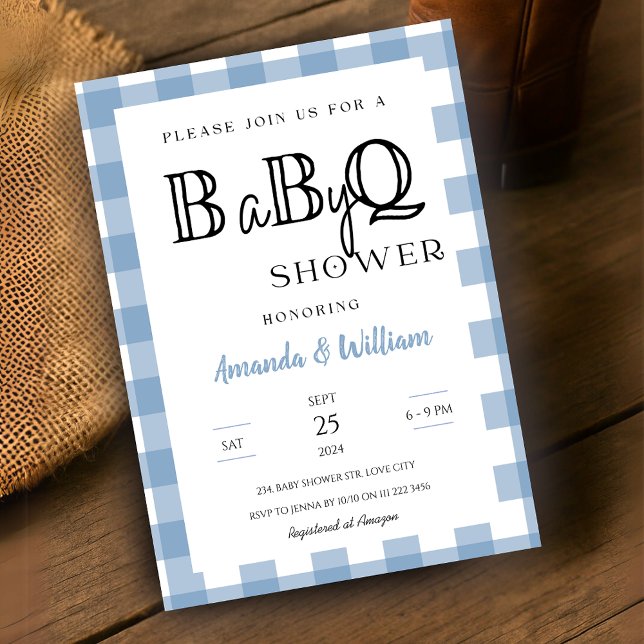 Invitation Bleu En vichy Plaid BBQ Bébé Couples Douche (Blue Gingham Plaid BBQ Baby Couples Shower Invitation)