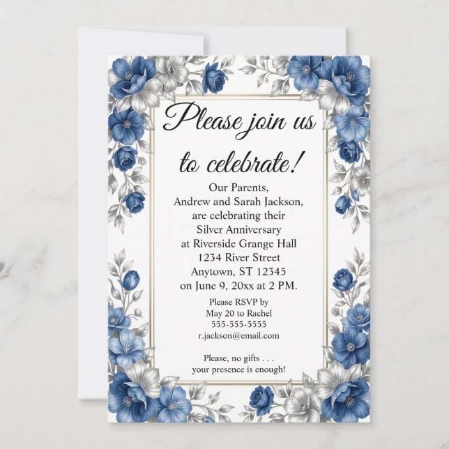 Invitation Bleu et Argent avec Cadre 25e Anniversaire (Devant)