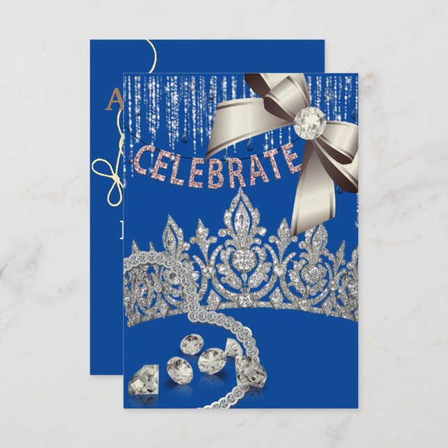 Invitation Bleu et argent avec couronne diamants bleus fête (Devant / Derrière)