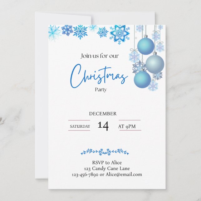 Invitation Bleu et Argent Baubles Suspendus Flocons de Neige  (Devant)