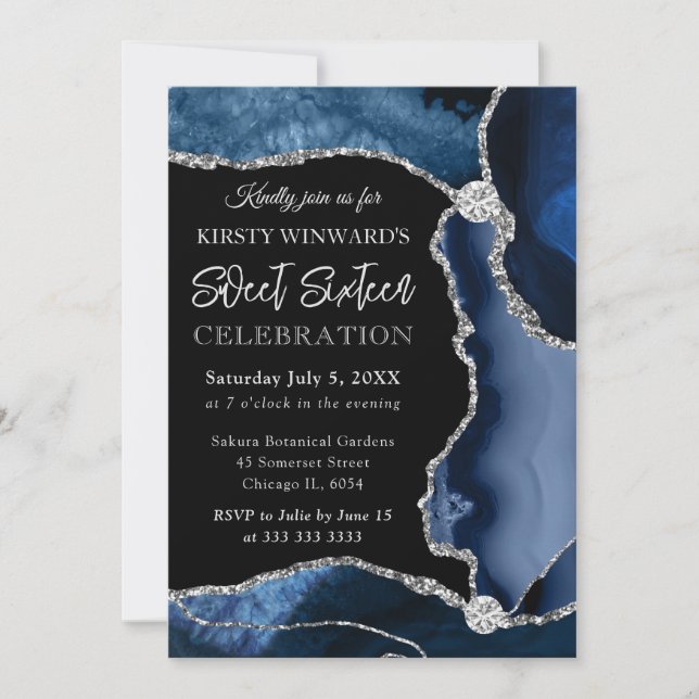 Invitation Bleu et argent faux paillettes d'agate Sweet 16 (Devant)